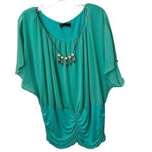 Annabelle Green Ruched W/Attached Necklace Plus Size Blouse Shirt Size 3X